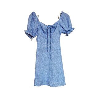 Blue Floral Dress Size S Back Zip Cottage Core Puffed Short Sleeve Off Shoulders